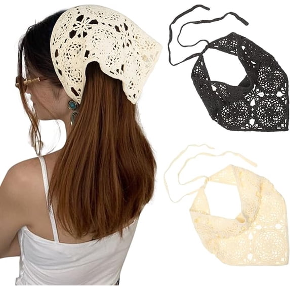 2Pcs Crochet Bandana Head Kerchief Knitted Hair Scarves Crochet Hair Kerchief Tie Bcak Headwrap Floral