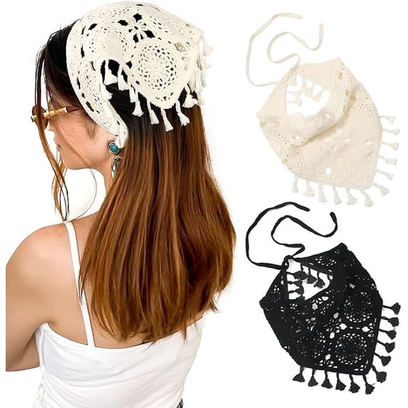 2Pcs Crochet Bandana Head Kerchief Knitted Hair Scarves Crochet Hair Kerchief Tie Bcak Headwrap Floral