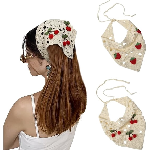 2Pcs Crochet Bandana Head Kerchief Knitted Hair Scarves Crochet Hair Kerchief Tie Bcak Headwrap Floral