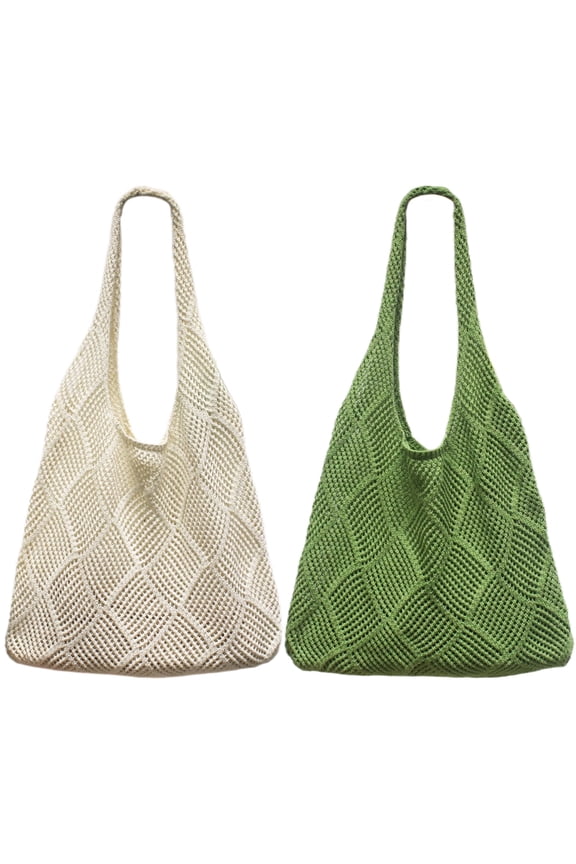 2Pcs Crochet Beach Bags, Mesh Tote Shoulder Handbag Aesthetic Woven Purses for Women Summer Vacation Hippie Knit Bag