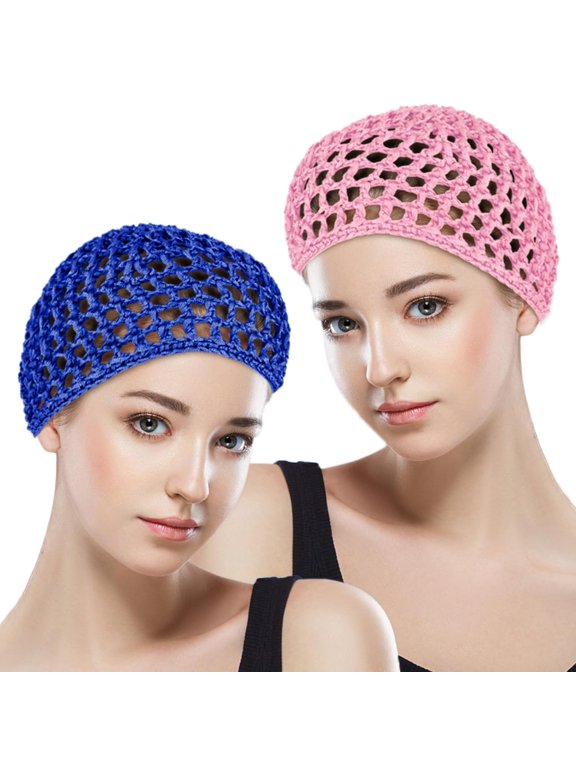 2Pcs Crochet Hair Net Mesh Cover Curls Hair Wrap Towels Sleeping Soft Nylon Bun Lifting Strap Thick Short Knit Snoods Hat Women Long Short Straight Curl Wig (Pink + Blue)