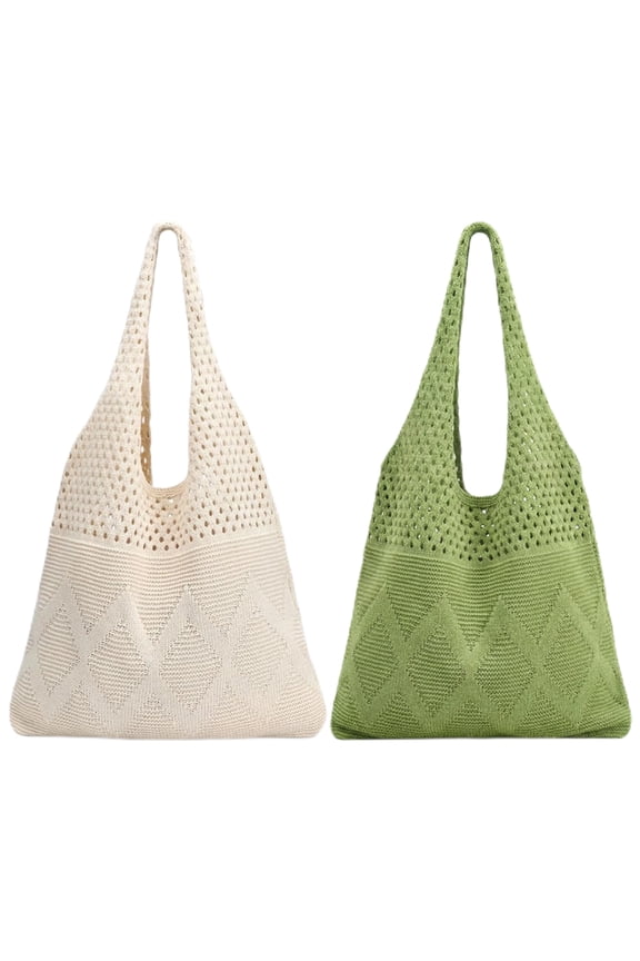 2Pcs Crochet Mesh Beach Tote Bags, Summer Foldable Aesthetic Shoulder Boho Knit Bag for Women Casual Vacation Essentials