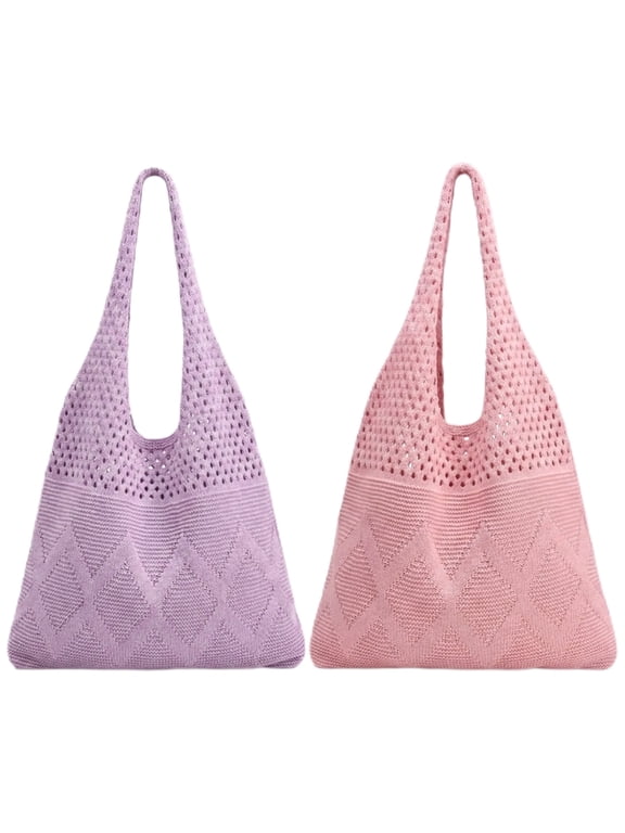 2Pcs Crochet Mesh Beach Tote Bags, Summer Foldable Aesthetic Shoulder Boho Knit Bag for Women Casual Vacation Essentials