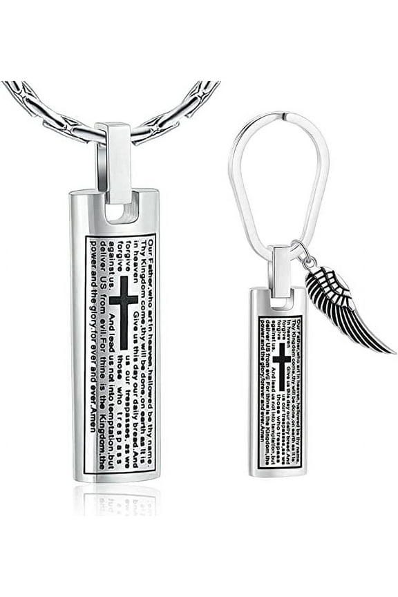 2Pcs Cross Cremation Jewelry for Ashes Lord's Prayer Polished Cube Pendant Urn Necklace W/ Wing Keychain Keepsake Memorial Locket Charm Gift for Women Men