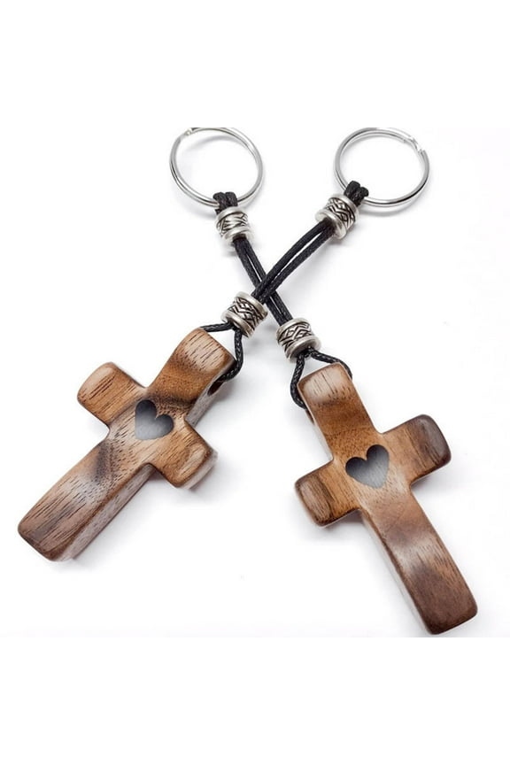 2Pcs Cross My Heart,Encouragement Gift Creative Walnut Cross Keychain Love Pendant Ornament Gift Easter Solid Wood Keychain Jewelry easter decorations (Keychain