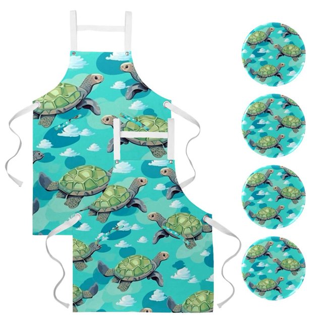 2Pcs Crowds of Sea Turtles Versatile Aprons Set Kitchen, Baking