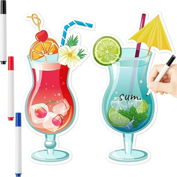 2Pcs Cruise Door Magnets Fruit Drink Cruise Door Decorations with 3Pcs Paint Pens Cruise Cocktail Drinks Magnet Stickers Magnetic Summer Hawaii Magnet for Carnival Cruise Refrigerator Car Door Decors