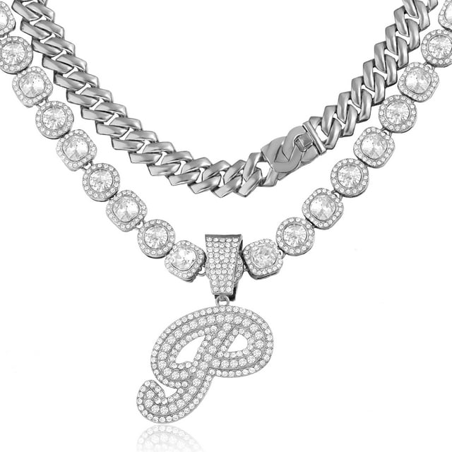 2Pcs Cuban Link Chain For Women Cursive Silver Initial Necklace Cuban