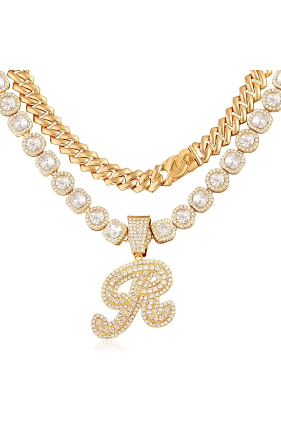 2Pcs Cuban Link Chain For Women Cursive Silver Initial Necklace Cuban Link Necklace For Women Hip Hop Iced Out Chain Necklace Bling Diamond 14Mm Cuban Chain Letter Name Hip Hop Jewelry[Z4661]