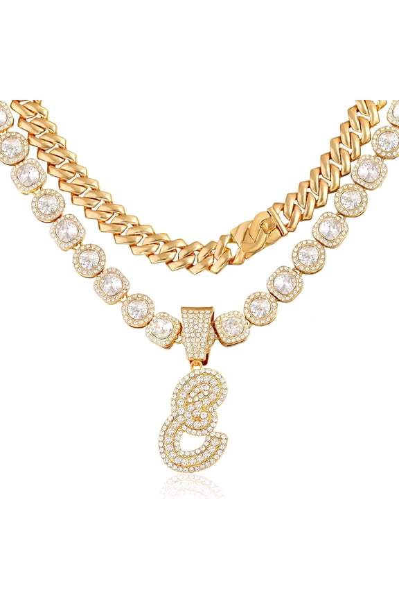 2Pcs Cuban Link Chain For Women Cursive Silver Initial Necklace Cuban Link Necklace For Women Hip Hop Iced Out Chain Necklace Bling Diamond 14Mm Cuban Chain Letter Name Hip Hop Jewelry[Z4658]
