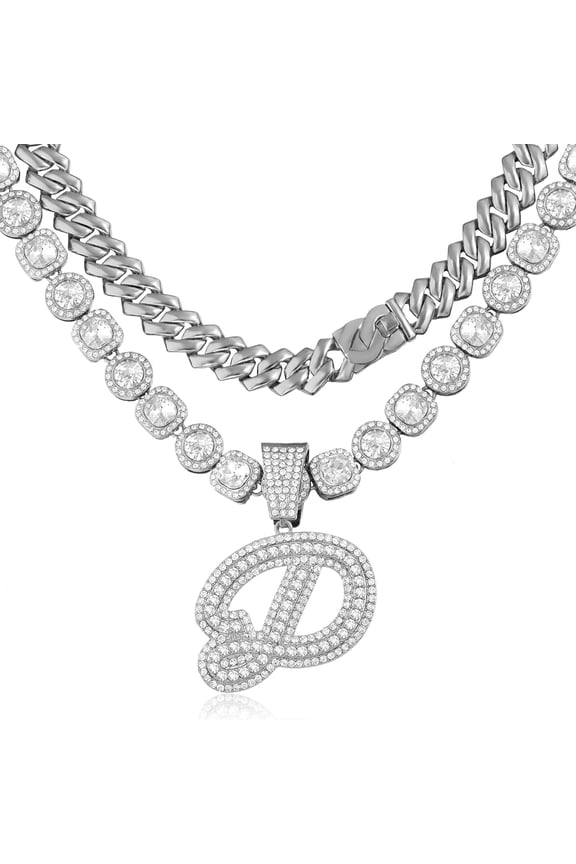 2Pcs Cuban Link Chain For Women Cursive Silver Initial Necklace Cuban Link Necklace For Women Hip Hop Iced Out Chain Necklace Bling Diamond 14Mm Cuban Chain Letter Name Hip Hop Jewelry[Z4631]