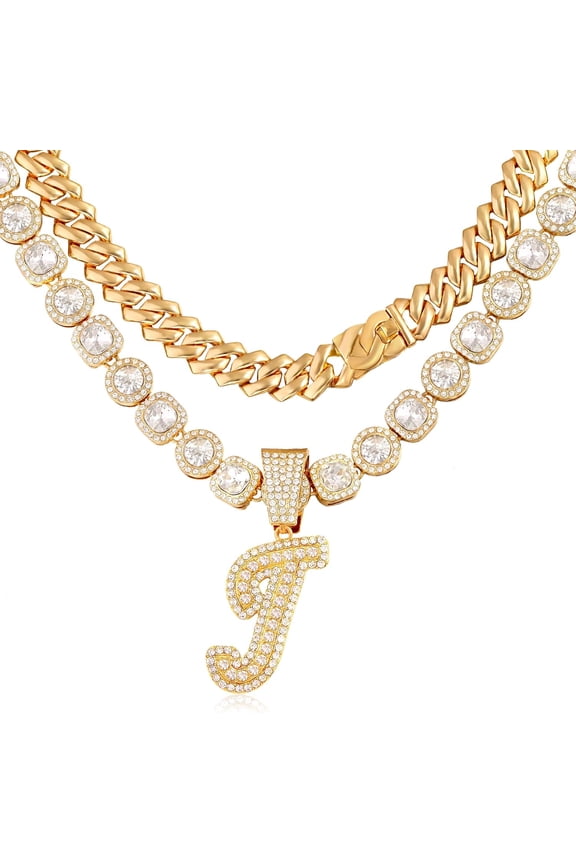 2Pcs Cuban Link Chain For Women Cursive Silver Initial Necklace Cuban Link Necklace For Women Hip Hop Iced Out Chain Necklace Bling Diamond 14Mm Cuban Chain Letter Name Hip Hop Jewelry[Z4639]
