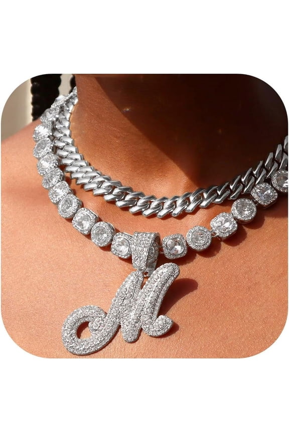 2Pcs Cuban Link Chain For Women Cursive Silver Initial Necklace Cuban Link Necklace For Women Hip Hop Iced Out Chain Necklace Bling Diamond 14Mm Cuban Chain Letter Name Hip Hop Jewelry[Z4621]