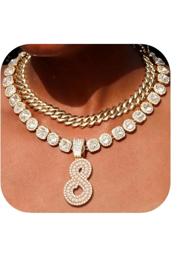 2Pcs Cuban Link Chain For Women Cursive Silver Initial Necklace Cuban Link Necklace For Women Hip Hop Iced Out Chain Necklace Bling Diamond 14Mm Cuban Chain Letter Name Hip Hop Jewelry[Z4662]