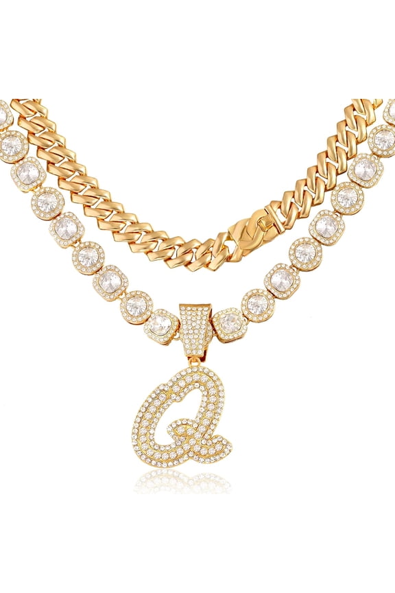 2Pcs Cuban Link Chain For Women Cursive Silver Initial Necklace Cuban Link Necklace For Women Hip Hop Iced Out Chain Necklace Bling Diamond 14Mm Cuban Chain Letter Name Hip Hop Jewelry[Z4656]