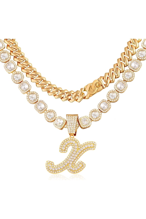 2Pcs Cuban Link Chain For Women Cursive Silver Initial Necklace Cuban Link Necklace For Women Hip Hop Iced Out Chain Necklace Bling Diamond 14Mm Cuban Chain Letter Name Hip Hop Jewelry[Z4646]