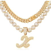 2Pcs Cuban Link Chain For Women Cursive Silver Initial Necklace Cuban Link Necklace For Women Hip Hop Iced Out Chain Necklace Bling Diamond 14Mm Cuban Chain Letter Name Hip Hop Jewelry[Z4646]
