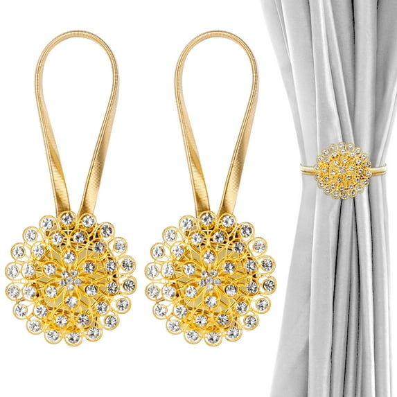 2Pcs Curtain Holdbacks Holders, Magnetic Curtain Tiebacks with High Stretchy Wire Rope for Drapes, Decorative Curtain Tie Backs Buckle Hooks No Drilling for Home Office Decor (Golden)
