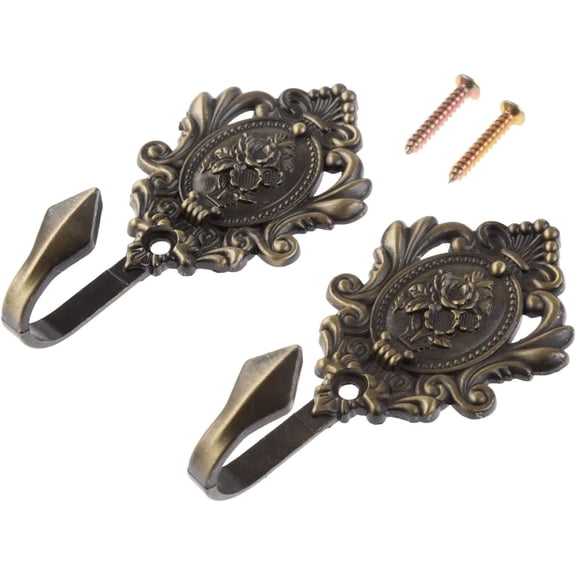 2Pcs Curtain Tiebacks Hook Vintage Bronze Rose Pattern Carved Wall Hooks Key Hook Clothes Hanger Bathroom Bedroom Multi-Function Decorative Hook with Screws