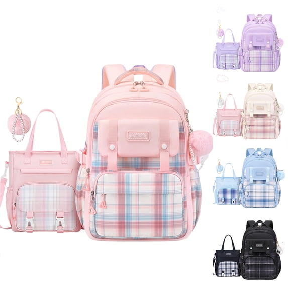 2Pcs Cute Backpack Set for Girls Kids Large Capacity Lightweight Bookbag for Elementary Middle School Students Waterproof Preppy Plaid Daypack