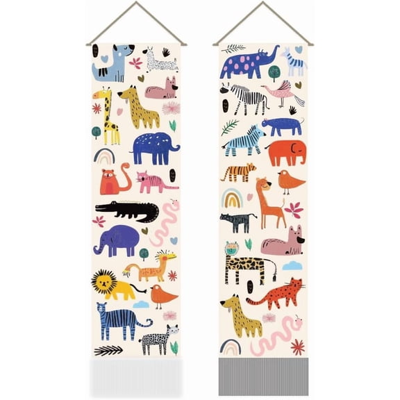 2Pcs Cute Boho Zoo Animal Tapestry Cartoon Animal Vertical Wall Hanging Tassel Wall Aesthetic Tapestry