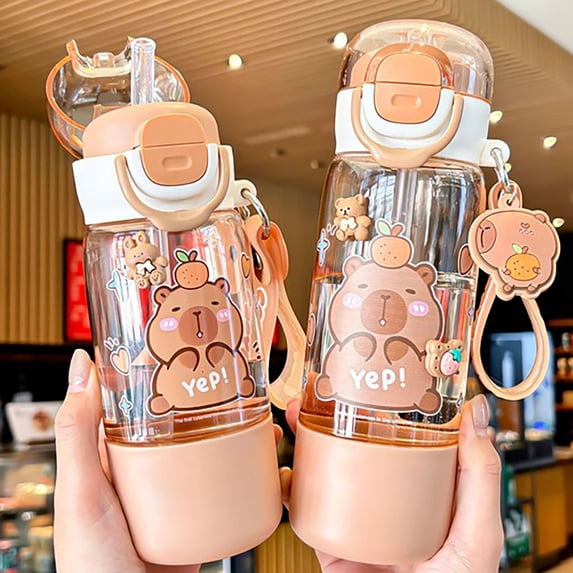 2Pcs Cute Capybara Design Water Bottle with Lid Keychain Portable Heat Resistant Cup for Travel School Office Use 420 & 510ml Set