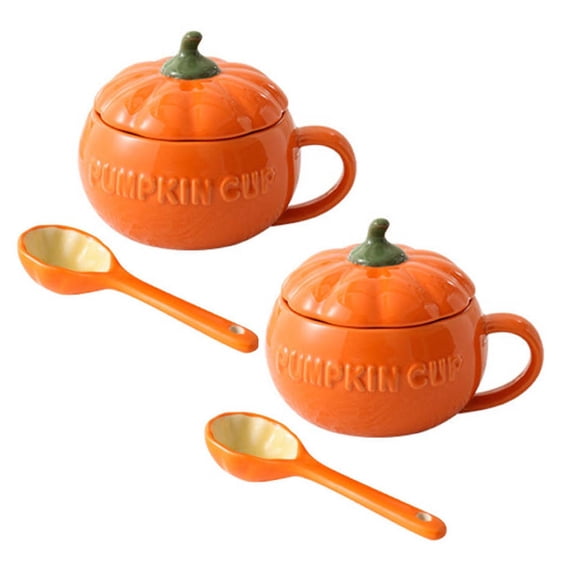 2Pcs Cute Ceramic Tea Cup Halloween Pumpkin Coffee Mug With Lid And Spoon Fall Autumn Candy Bowl Soup Bowl For Festival Present (Orange) Glass&Bottle