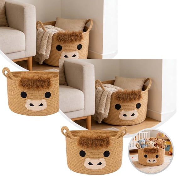 2Pcs Cute Cow Rope Large Woven Storage Cartoon Animal Organizer For Nursery Desktop Home Textile Storage 13.0x7.9"