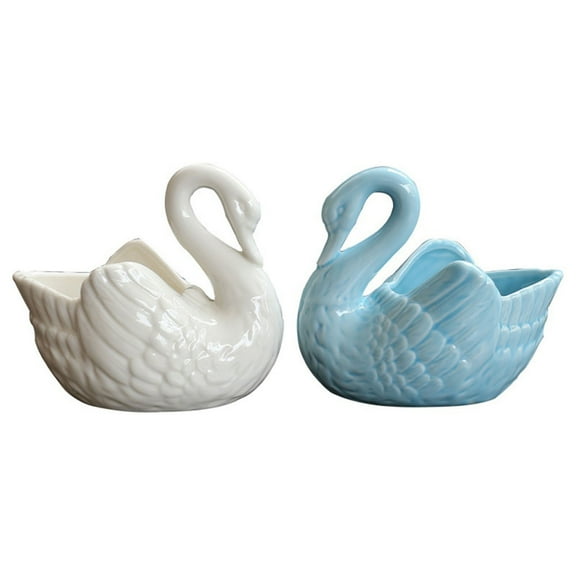 2Pcs Cute Elegant Swan-Shaped Ceramic Succulent Plant Pots, White+Blue