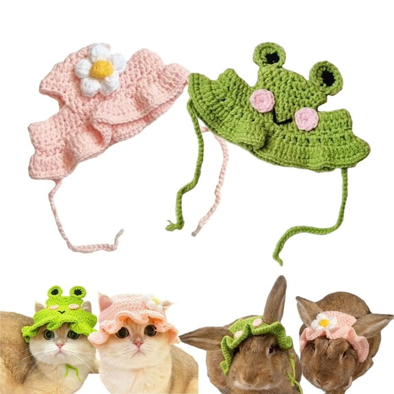 2Pcs Cute Knitted Rabbit Hat Frog and Flower Pet Hats for Bunny Guinea Pig Cat Small Dog, Funny Bunny Costume for Birthday, Easter, Halloween, Christmas, Pet Dress-Up Accessories