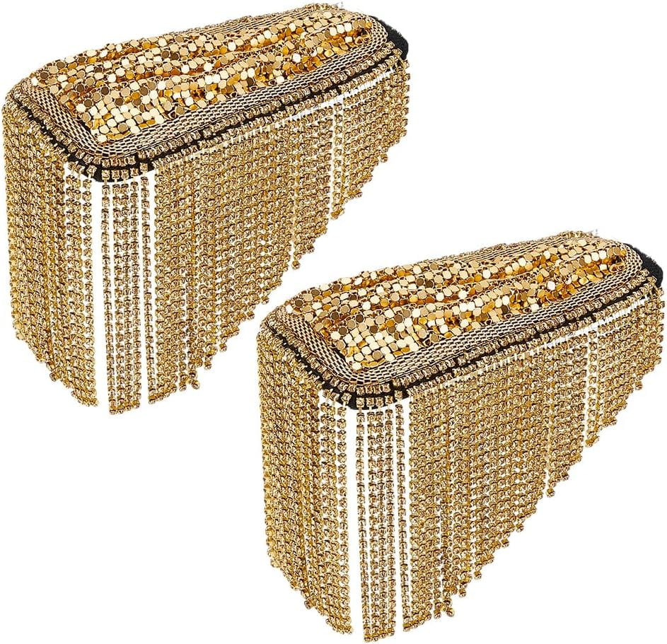 2Pcs DIY Fashion Iron Chain Tassel Epaulettes Cloth Shoulder Badge with Alloy and Rhinestone Finding Golden 200x70x7mm