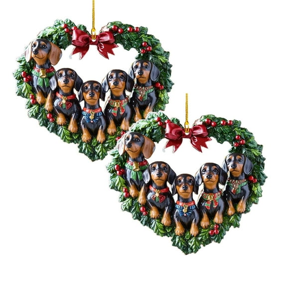 2Pcs Dachshund Christmas Wreath Doxie Weiner Dog Lover 2D Flat Car Rear View Mirror Accessories Christmas Tree Ornament Decoration Hanging Charm Interior Rearview Pendant Decor Gift