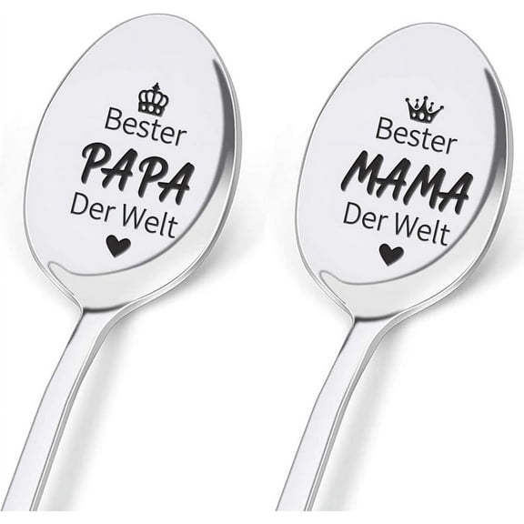 2Pcs Dad and Mom Gift Coffee Spoon Engraving With Gift Box Spoon Personalized Best Dad Mom In The World Stainless Steel Coffee Spoon for Father's Day Mother's Day Gift 19 CM Black