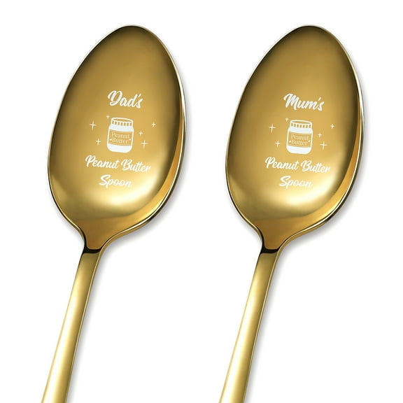 2Pcs Dad's Mum's Peanut Butter Coffee Spoon with Gift Box Golden Engraved Stainless Steel Table Spoons Friends Families Festival Christmas