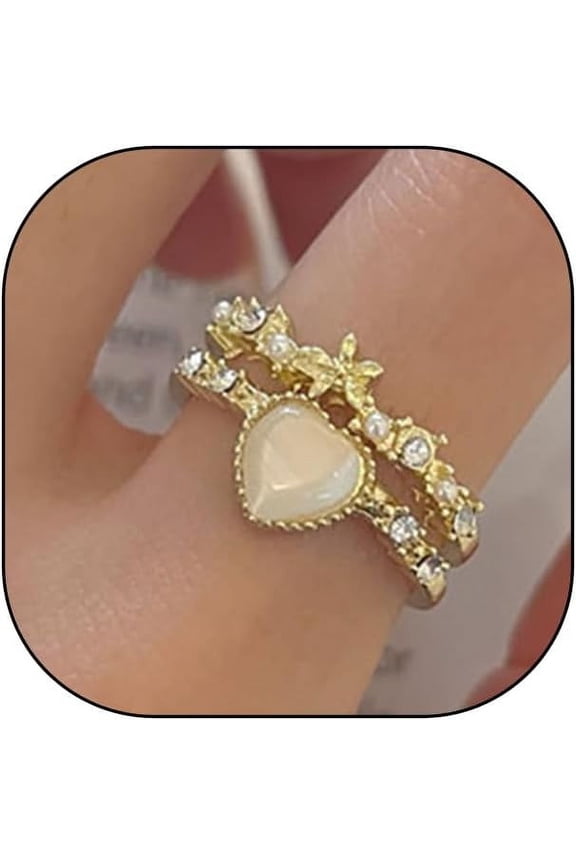 2Pcs Dainty Opal Heart Rings Sets for Women,Pink Sparkling Flowers Cubic Zirconia Stackable Finger Rings Rings Jewelry Gift for Her