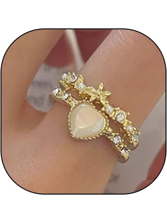 2Pcs Dainty Opal Heart Rings Sets for Women,Pink Sparkling Flowers Cubic Zirconia Stackable Finger Rings Rings Jewelry Gift for Her