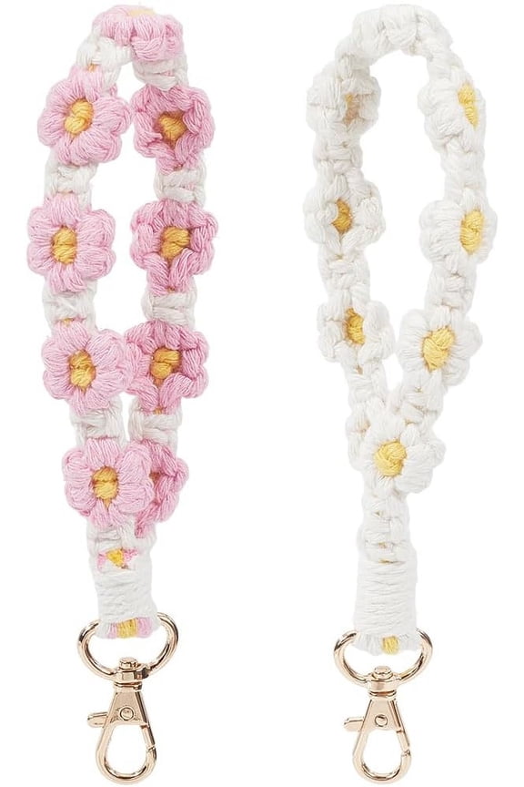 2Pcs Daisy Weave Keychain Macrame Keyring White Pink Wristlet Key Chain Holder Cotton Tassel Bracelet Keyring Boho Handmade Flower Wrist Lanyard with Alloy Clasp for Women 8Inch
