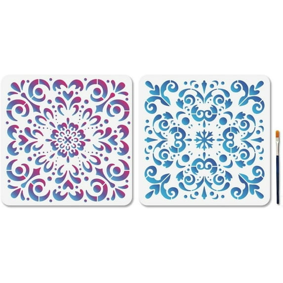 2Pcs Damask Mandala Stencil Gorgeous Corner Stencils for Painting 11.8x11.8inch Vintage Damask Border Stencil with Paint Brush Flower Tile Template for Wood Wall Window DIY Craft