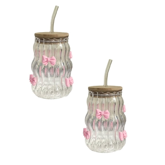 2Pcs Deal Countdown! Cute Big Belly Cup With Lid Glass Straw Cup Bow Pattern Cup Household High Temperature Milk Tea Cup Glass&Bottle Practical Home Decor 2.6" X 4.9"