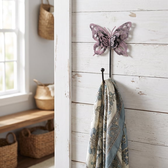2Pcs Decorative Butterfly Hooks Pink Iron Wall Mounted Heavy Duty Retro Hooks for Home