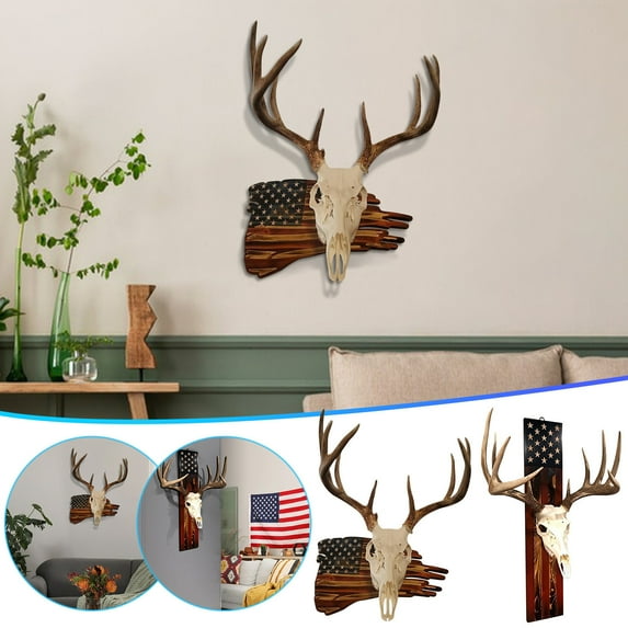 2Pcs Deer Antler Display Rack under $5! Kadlawus USA Flag Themed European Skull Mount Plaque, Wooden Deer Antler Display Rack for Taxidermy, Hunting Trophy Wall Mount for Home Cabin Lodge Decor