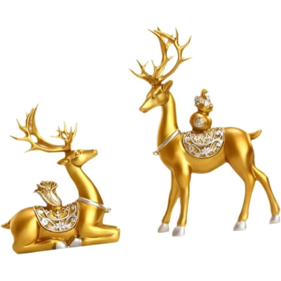 2Pcs Deer Figurines Animal Statues Reindeer Sculptures Tabletop Ornaments for Bedroom Bookshelf Shelf Desk Home Decoration, Gold
