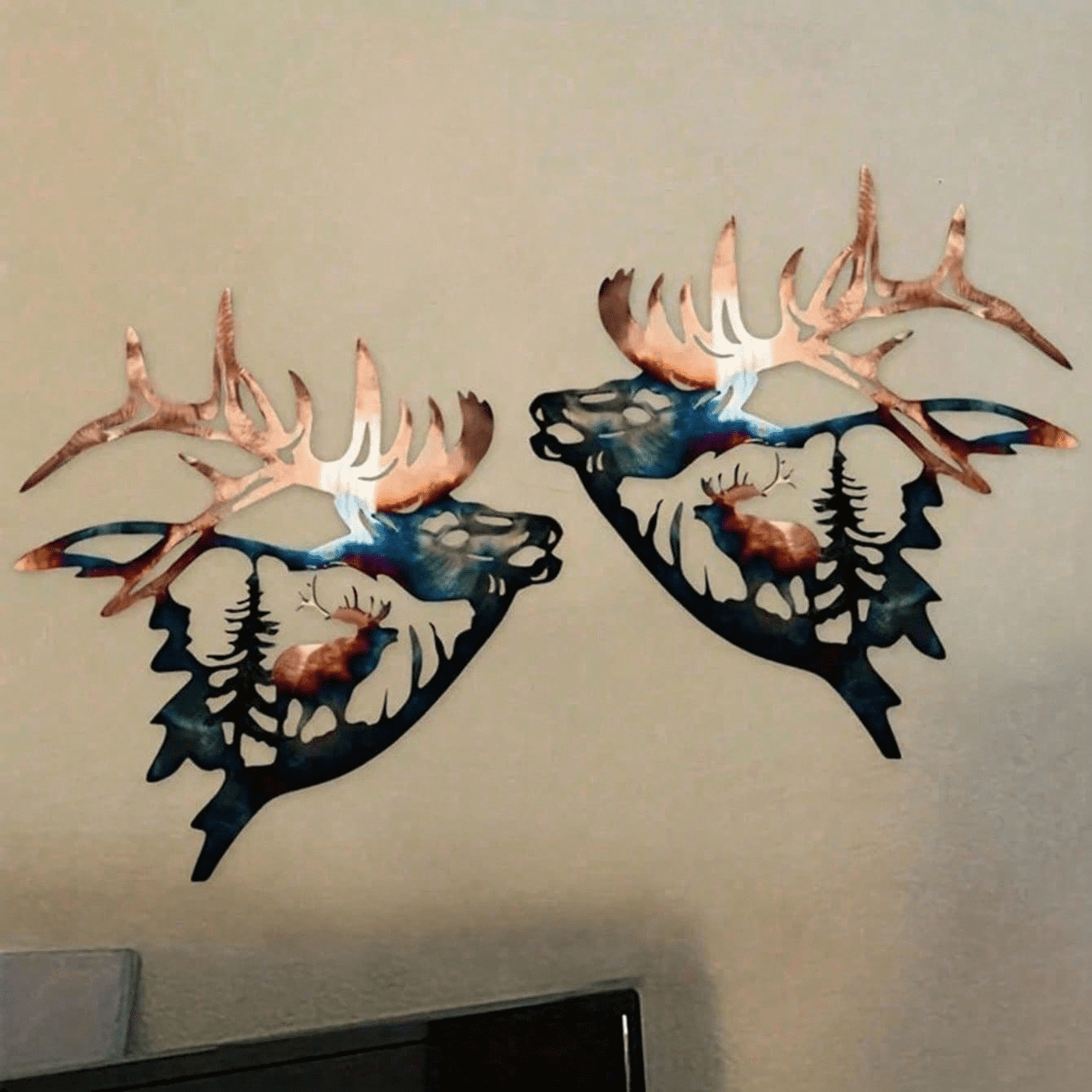 2Pcs Deer and Elk Metal Wall Art Rustic Farmhouse Silhouette Decor Living Room Office Wildlife Sign Christmas New Year Housewarming Gift