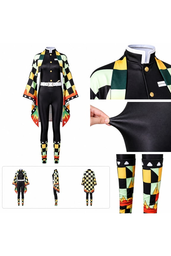 2Pcs Demon Vanquisher Cos, Halloween Checkered Kimono Uniform Jumpsuit, Traditional Warrior Haori Robe for Theme Parks, Festive Patterned Costume Stage Performance Attire-Suit+CloakS