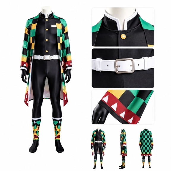 2Pcs Demon Vanquisher Costume, Halloween Green Checkered Kimono Costume, Oriental Warrior Robe Outfit for Haunted Houses, Festive Check Pattern Haori Jumpsuit Stage Attire-Attire+CloakXL