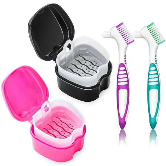 2Pcs Denture Bath Case Cup Retainer Cleaner Holder Case False Teeth Soaking Container Dental Bath Storage Box Case with Strainer Basket and Brush