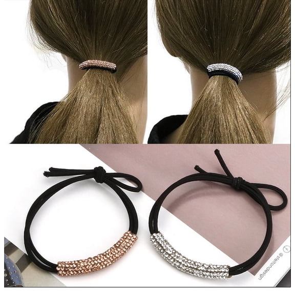 2Pcs Designer Fashion Elastic Rhinestone Hairtie Ponytail Holder Headband Hair Ties Accessories for Women Girls Hair Band