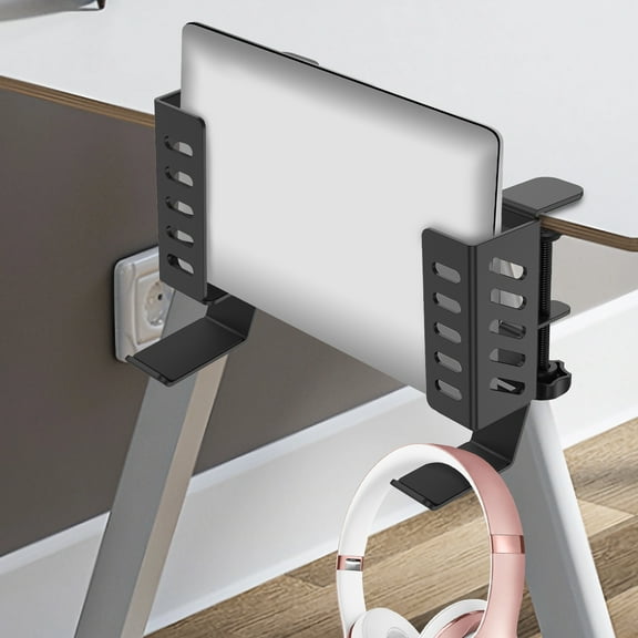 2Pcs Desk Side Vertical Laptop Stand No Drill Desk Side Laptop Mount Length Adjustable Hanging Laptop Holder Space Saving Clamp on Desk Organizer for Laptops Tablets