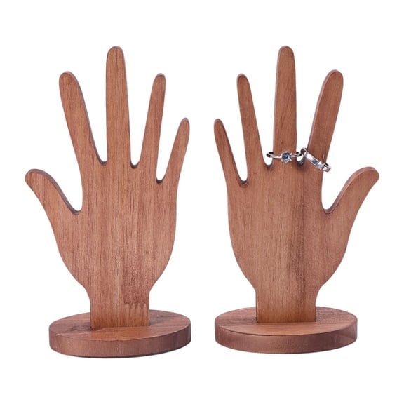 2Pcs Desktop Hand Shaped Wood Ring Organizer Stands Coconut Brown 10x1x18cm