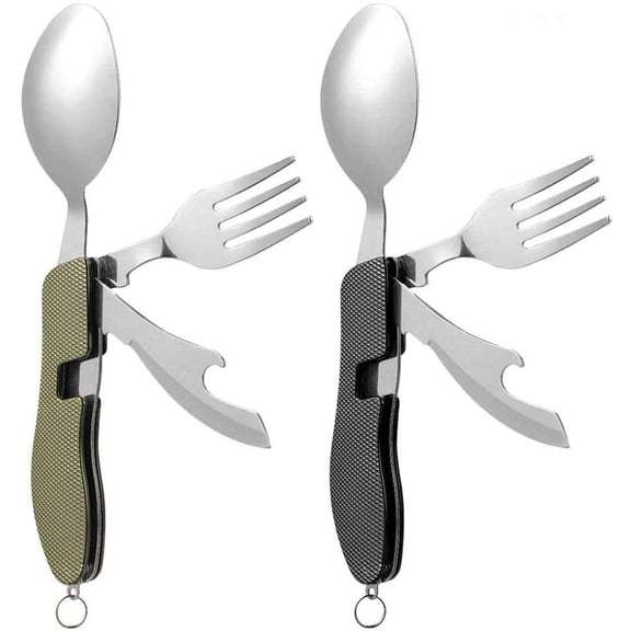 2Pcs Detachable Camping Utensils Cutlery Set, Portable 4 in 1 Stainless Steel Travel Utensil, Foldable Knife Fork Spoon Bottle Opener, Multi Function Eating Flatware Tableware(Green Black)